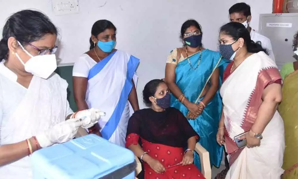 Collector A Suryakumari at Tondrangi vaccination centre in Vizianagaram district on Friday