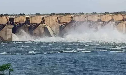 Floodwater gushing out from Pulichintala Project in Guntur district on Friday
