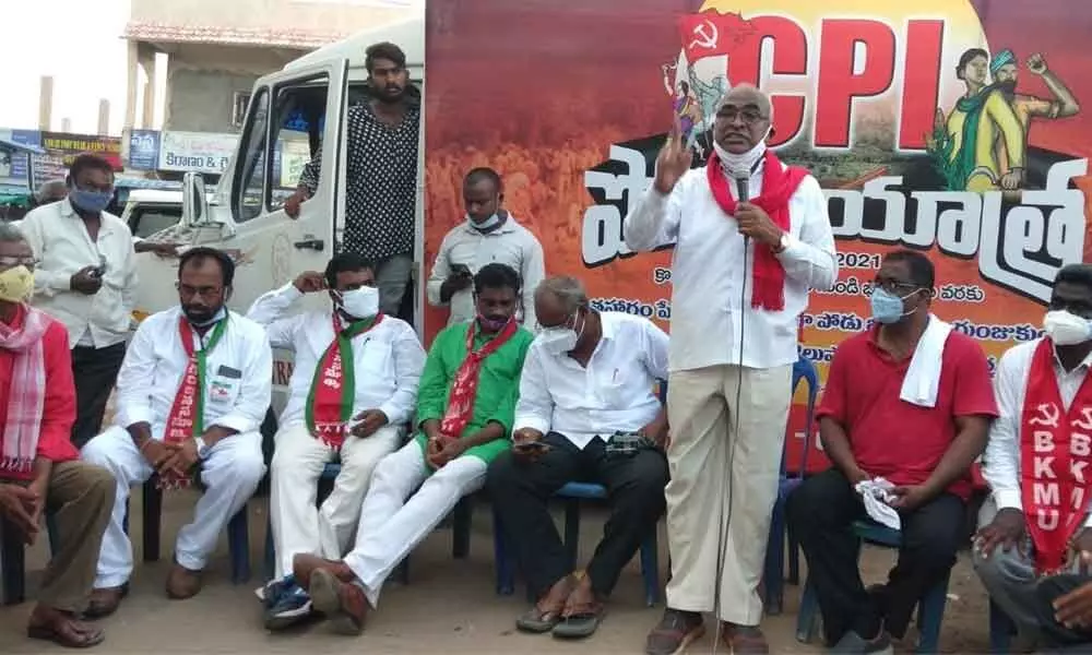 CPI State Secretary Chada Venkat Reddy speaking at a protest meeting at Enkoor in Khammam on Saturday