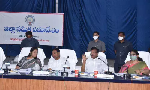 Ministers Vellampalli Srinivas, P Pushpasreevani and Botcha Satyanarayana along with Collector A Surya Kumari at the DRC meeting in Vizianagaram on Saturday