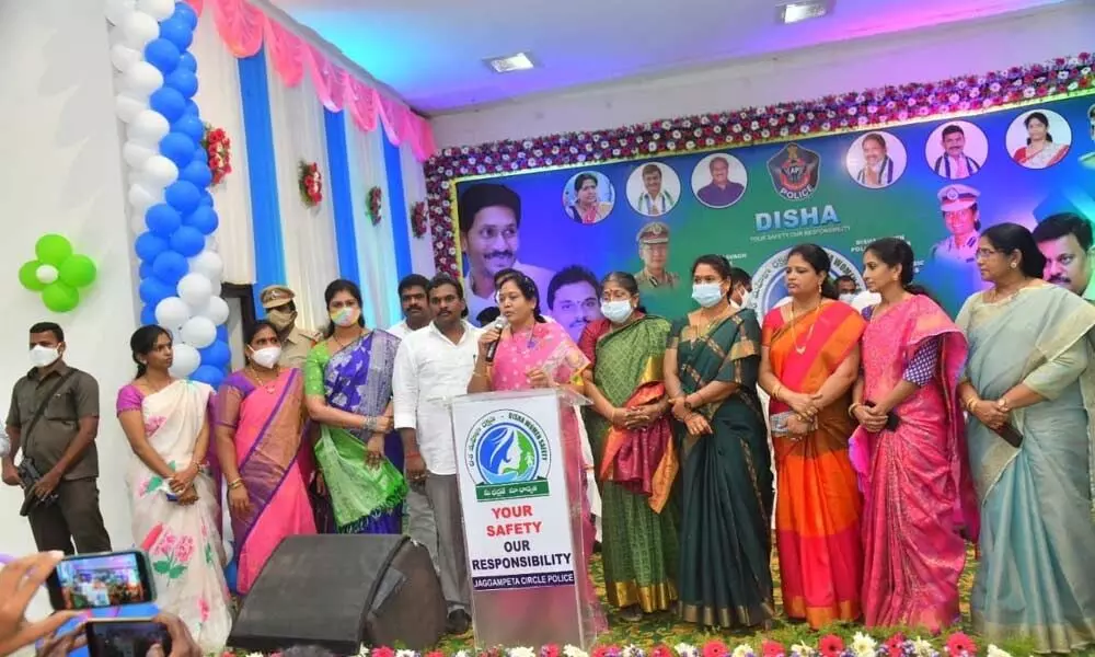 Home Minister M Sucharitha speaking at Disha app awareness meeting at Z Ragampet village on Sunday