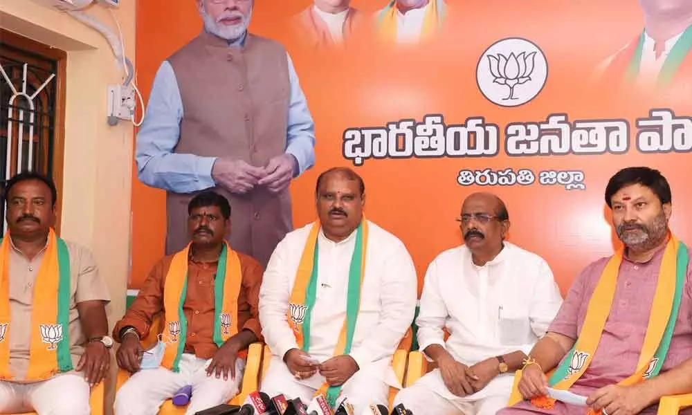 BJP state general secretary Suryanarayana Raju addressing media at the party office in Tirupati on Monday