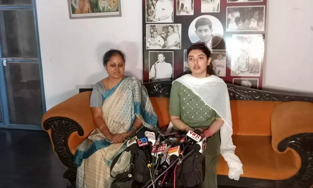 Urmila Gajapathi along with her mother Sudha Gajapathi addressing media