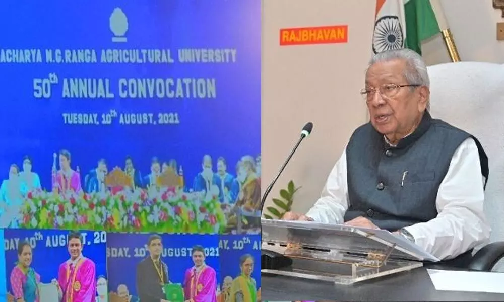 Governor Biswa Bhusan Harichandan participating in the 50th Convocation of the Acharya NG Ranga Agricultural University virtually from Raj Bhawan on Tuesday