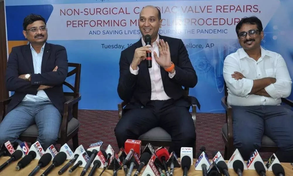 Interventional Cardiologist of Apollo Hospitals Dr Sai Satish addressing the media in the city on Tuesday