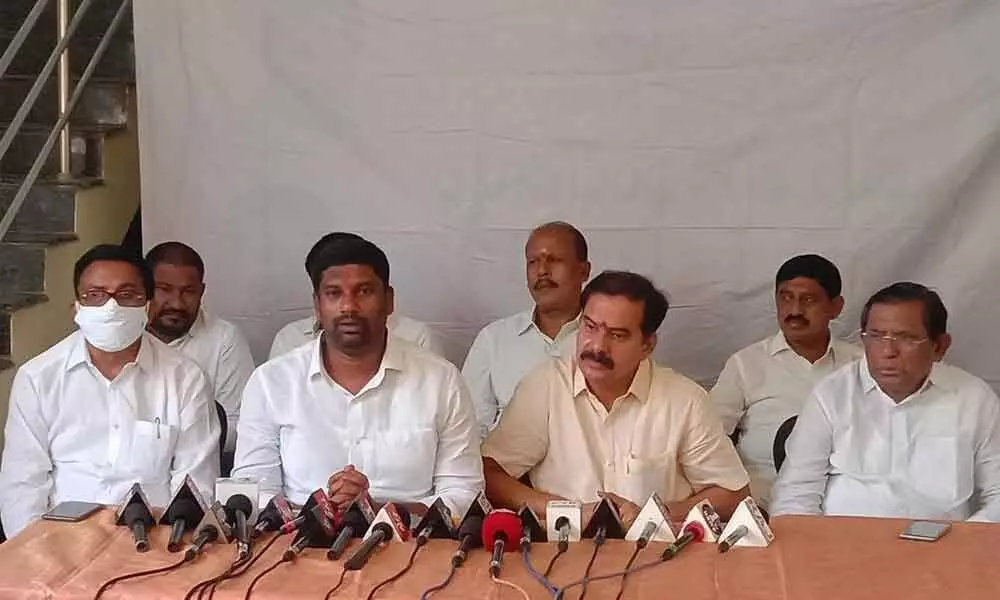 Government Chief Whip D Vinay Bhaskar and Whip Balka Suman speaking to media persons in Hanamkonda on Tuesday