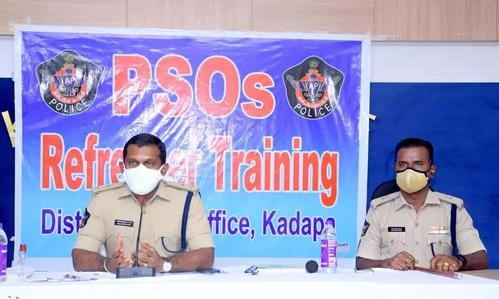 Kadapa SP KKN Anburajan addressing PSOs week day awareness training classes on Wednesday