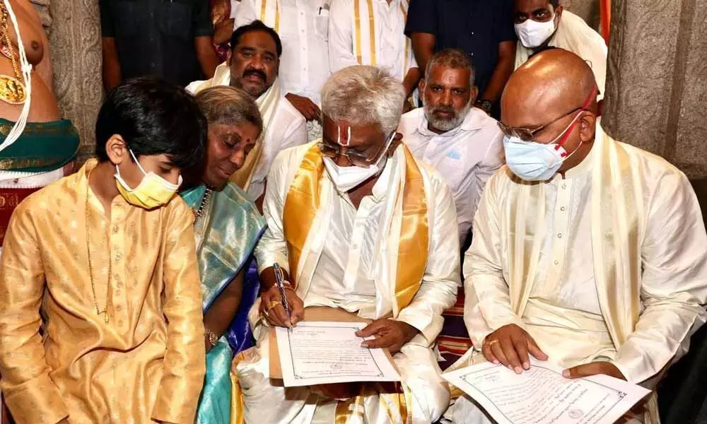 Y V Subba Reddy assumes office as TTD Trust Board Chairman at Tirumala on Wednesday.  EO K S Jawahar Reddy is seen.