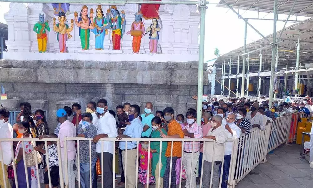 File photo of a packed queue line at Kanipakam temple