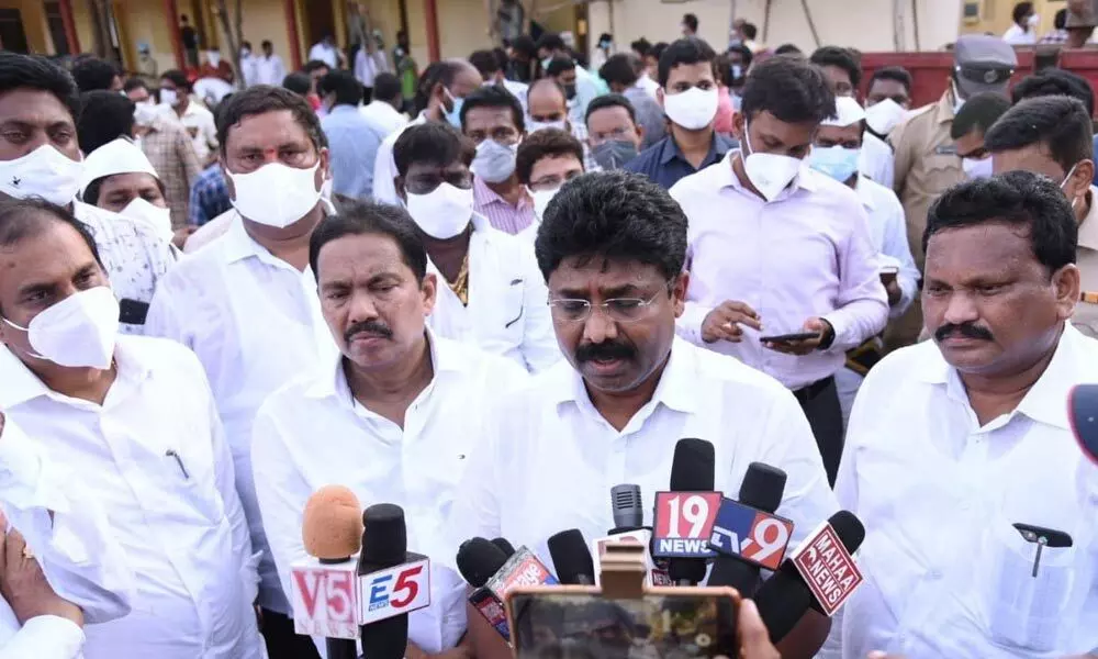 Minister Adimulapu Suresh and others addressing the media on Wednesday