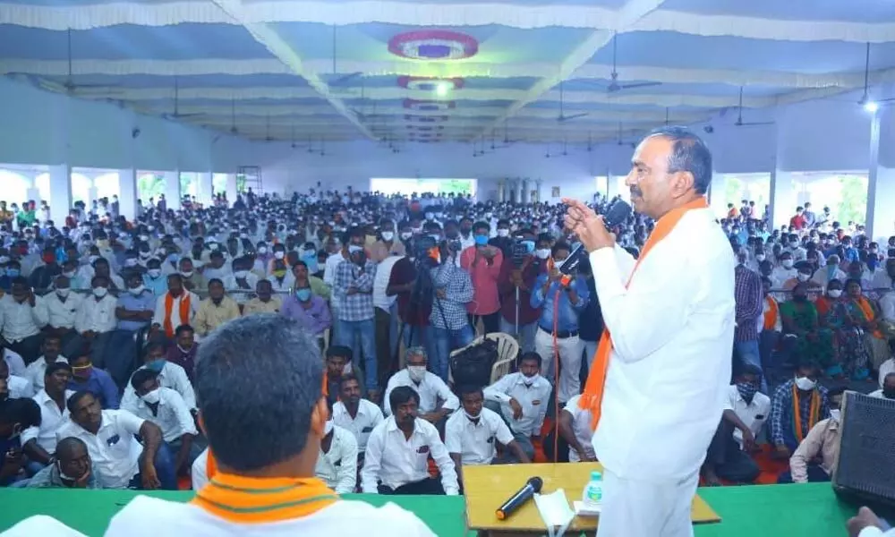 BJP leader Eatala Rajender addressing a meeting at Huzurabad in Karimnagar district on Wednesday