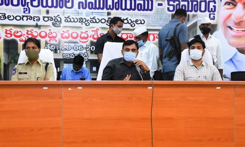 District Collector Sarath addressing a review meeting in Kamareddy on Thursday