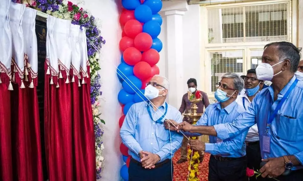 Domestic Air Cargo Terminal being inaugurated at Tirupati Airport by Regional Executive Director R Madhavan and Regional Manager D Muralidharan on Thursday. Airport Director S Suresh is also seen.