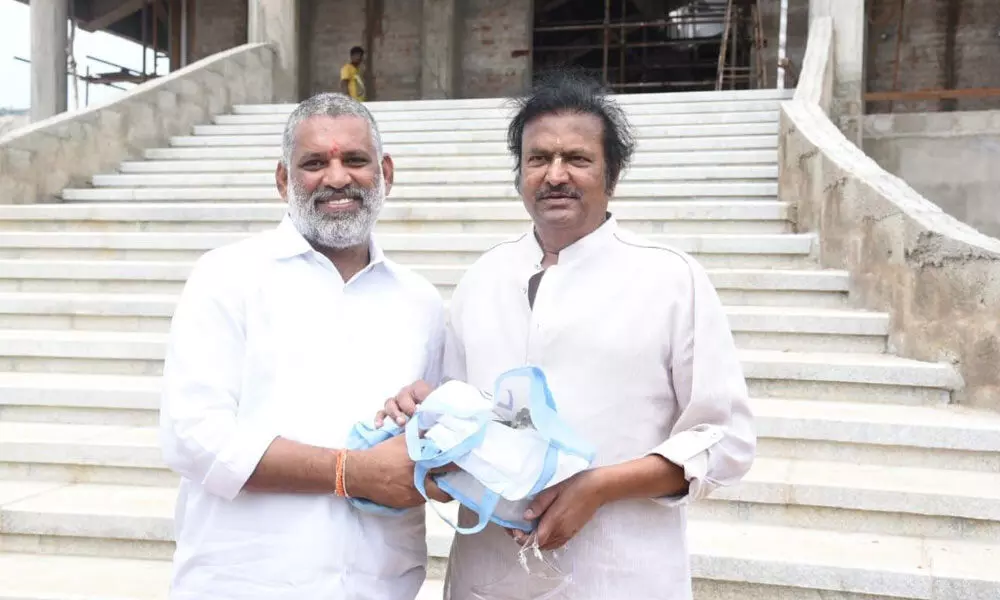 Government whip Chevireddy Bhaskar Reddy with actor Dr M Mohan Babu at Rangampeta near Tirupati on Thursday