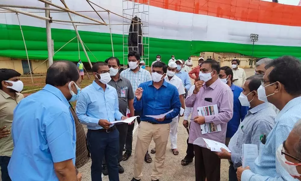 Krishna district Collector J Nivas and other officials inspecting Indira Gandhi Municipal Corporation Stadium in Vijayawada on Friday