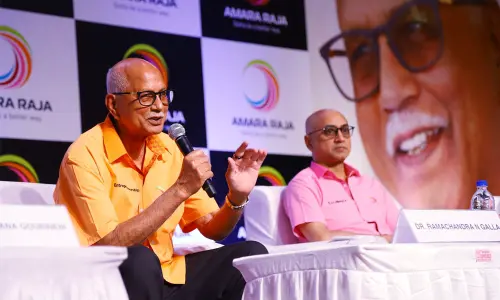 Amara Raja  Batteries MD Ramachandra Naidu Galla addresses the media at the plant site at Karakambadi on Friday. Vice-Chairman Jayadev Galla also seen.