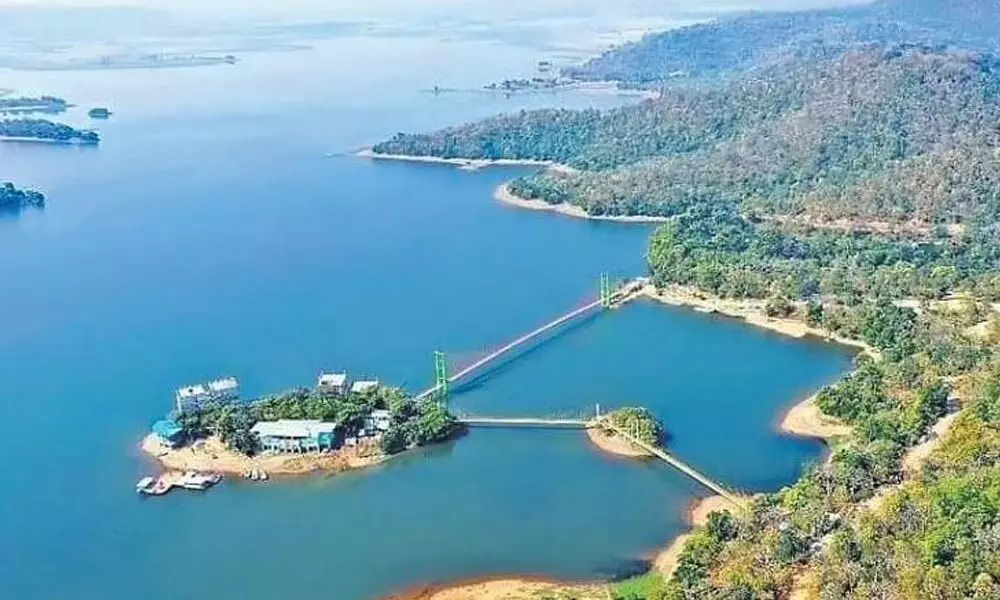 Laknavaram Lake: Aerial view of two suspension bridges and lake in Mulugu District