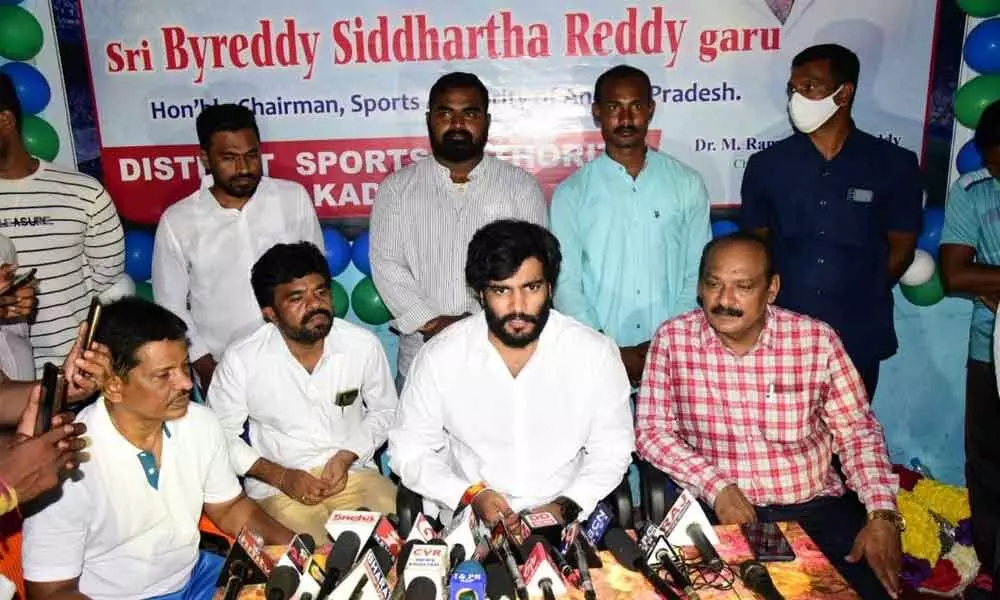 State Sports Authority Chairman Byreddy Sidhardha Reddy addressing a press conference in Kadapa on Saturday