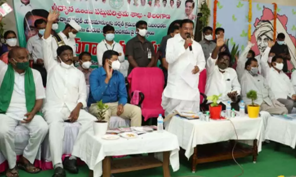 Minister for Agriculture S Niranjan Reddy speaking at a programme in Khammam on Saturday