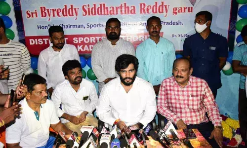 State Sports Authority Chairman Byreddy Sidhardha Reddy addressing a press conference in Kadapa on Saturday