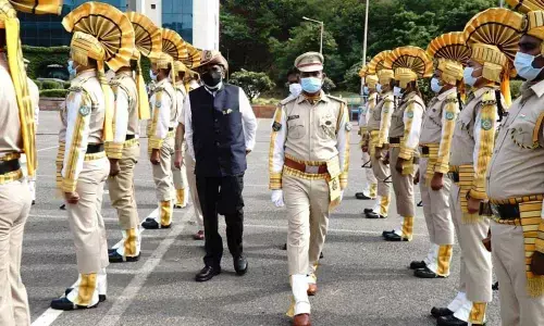 V Ratan Raj, Executive Director, reviewing the parade of CISF personnel on the occasion of the 75th Independence Day at HPCL Visakh Refinery on Sunday