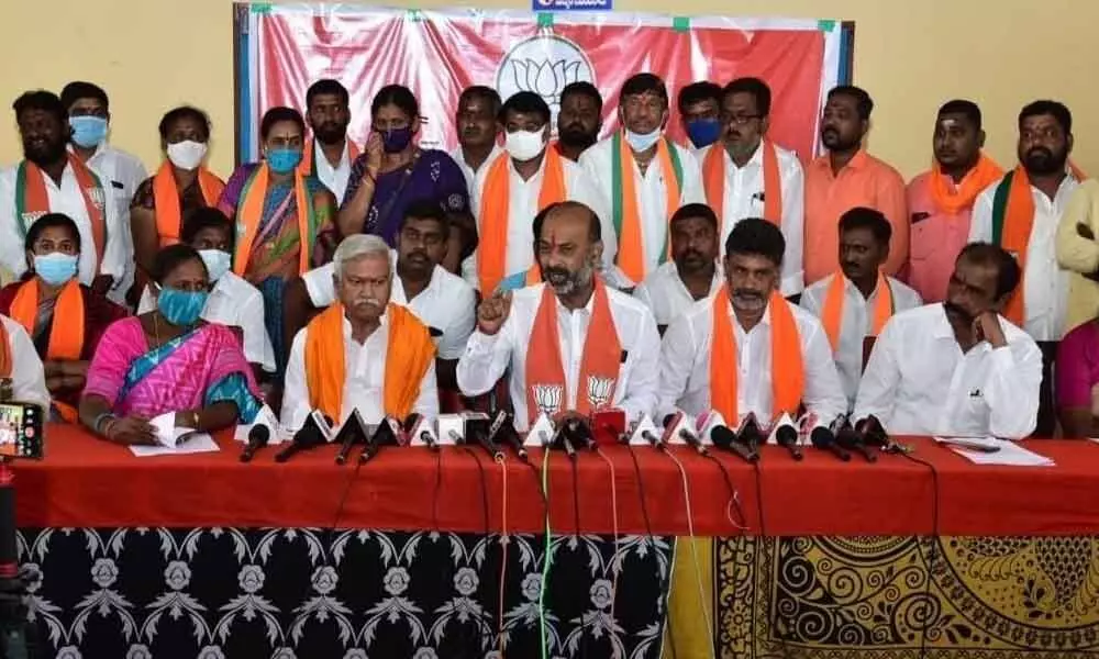 BJP State chief and MP Bandi Sanjay Kumar speaking at a press meet in Karimnagar on Monday