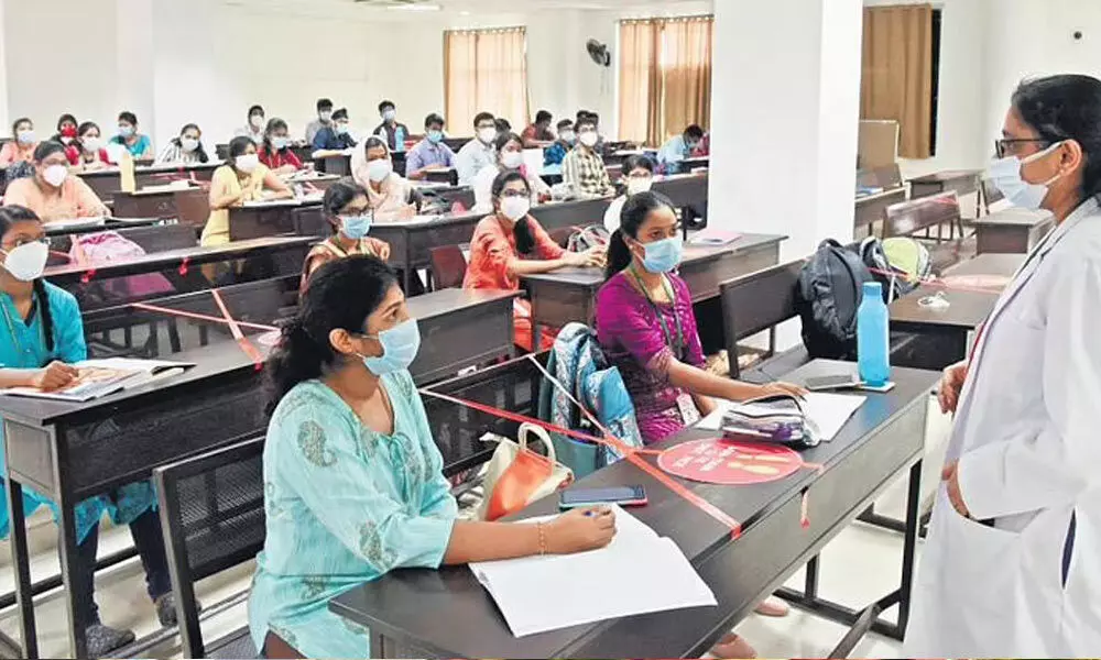 First year students attending their classes at Government Medical College Omandurar, on Monday | R Satish Babu
