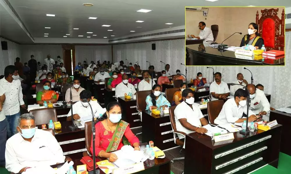 Mayor Dr R Sirisha presiding over the municipal council meeting in Tirupati on Tuesday.  MLA Bhumana Karunakar Reddy is also seen.