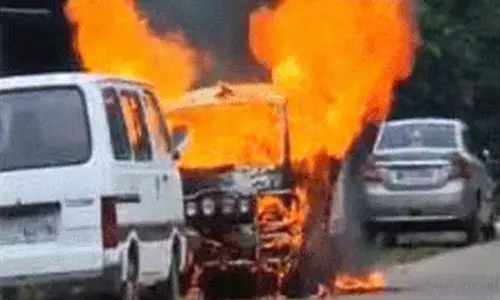 Fire broke out in a private ambulance in  Kadapa