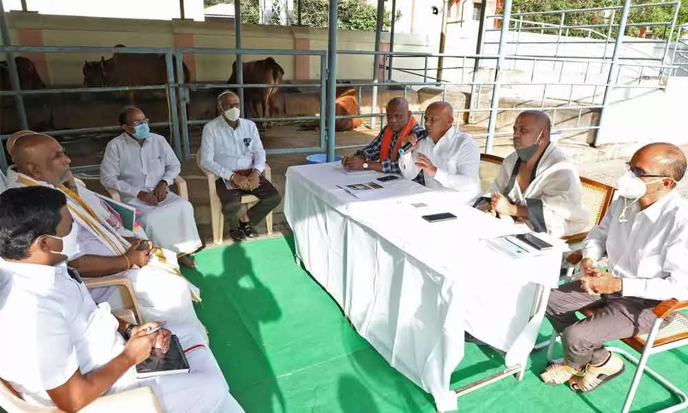 TTD Additional EO A V Dharma Reddy holding a review meeting with officials on ‘Navaneetha Seva’ at Tirumala on Wednesday