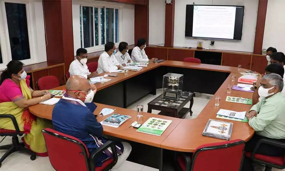 TTD EO KS Jawahar Reddy holding a meeting with officials at the Administrative Building in Tirupati on Wednesday