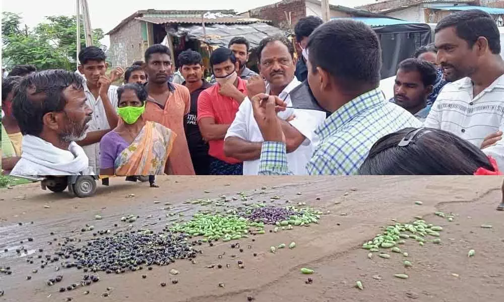 Farmers narrating their problems to Government Whip Budi Muthyala Naidu in Visakhapatnam on Wednesday (Top); Vegetables dumped on the road(Bottom)