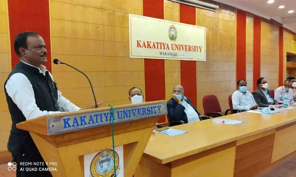Kakatiya University Vice-Chancellor Prof. Thatikonda Ramesh speaking at the formation day celebrations in Warangal on Thursday