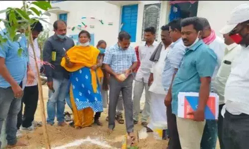 NREGS State technical officer Shankar Nayak planting a sapling at Chennampalli village on Thursday.