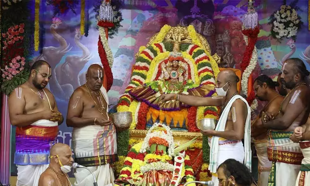 Priests perform Varalakshmi Vratam at Padmavathi Ammavari temple in Tiruchanur on Friday