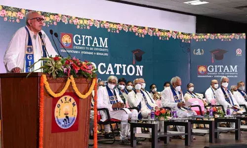 GITAM Chancellor Virander Singh Chauhan addressing the gathering on Friday in Visakhapatnam