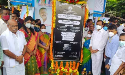 MLA Bhumana Karunakar Reddy and Commissioner P S Girisha performing Bhumi Puja to install the poet Molla statue in Tirupati