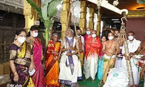 TTD Chairman Y V Subba Reddy making Tulabharam at Sri Padmavathi Ammavari temple in Tiruchanoor on Friday.
