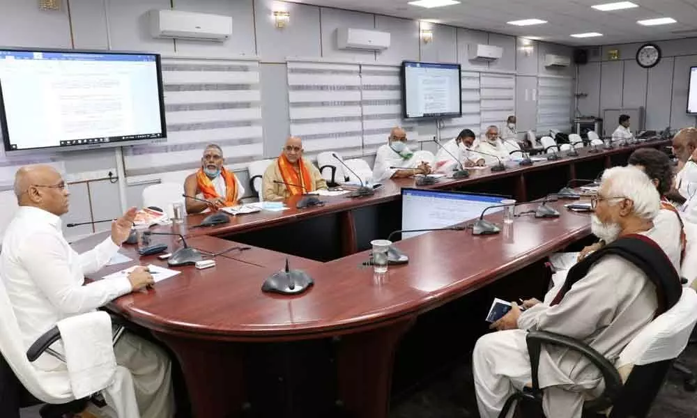 TTD Additional EO A V Dharma Reddy reviewing with officials on the activities of Veda Pathashalas held at Annamaiah Bhavan in Tirumala on Saturday