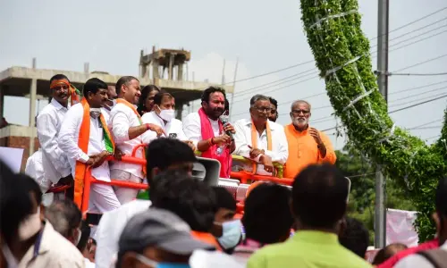 Union Minister G Kishan Reddy addressing people during his Jan Ashirwad Yatra, in Hyderabad on Saturday