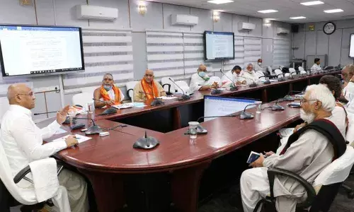 TTD Additional EO A V Dharma Reddy reviewing with officials on the activities of Veda Pathashalas held at Annamaiah Bhavan in Tirumala on Saturday