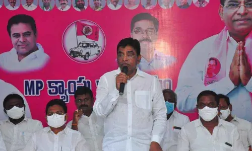 MP Nama Nageswara Rao addressing a meeting in Khammam on Saturday