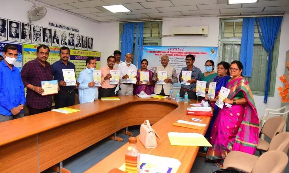 Prof K M Naidu, Prof A Ranga Reddy, Prof M A Hussain, Prof K Santha Kumari, Prof D Krishna Murthy and others releasing the conference volume at SV University in Tirupati.