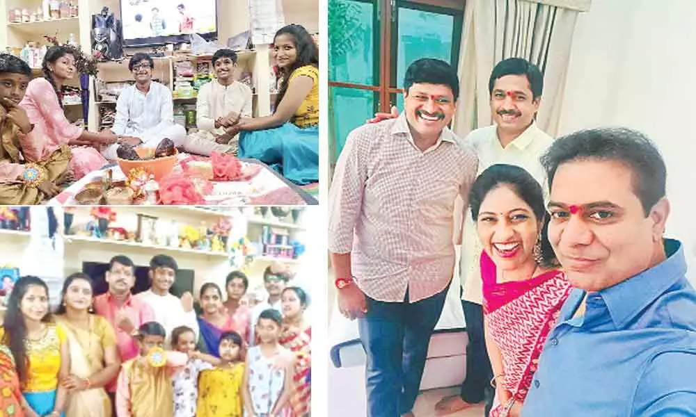 Sandhya,  Soundarya brothers Kundhan,  Karthik celebrating the festival as a symbol of sisterhood. The festival is celebrated as a symbol of love between sisters and brothers. ; Minister for Municipal Administration & Urban Development, Industries & Commerce, and Information Technology of Telangana K T Rama Rao takes selfie to celebrate Raksha Bandhan on Sunday. MP Santosh Kumar is seen