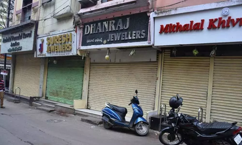 Jewellery shops remained closed at Pot Market in Secunderabad as jewellers observed a strike on Monday