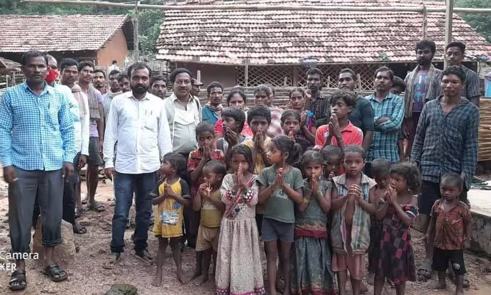 Children of Neredubanda thanking the authorities in Visakhapatnam on Monday