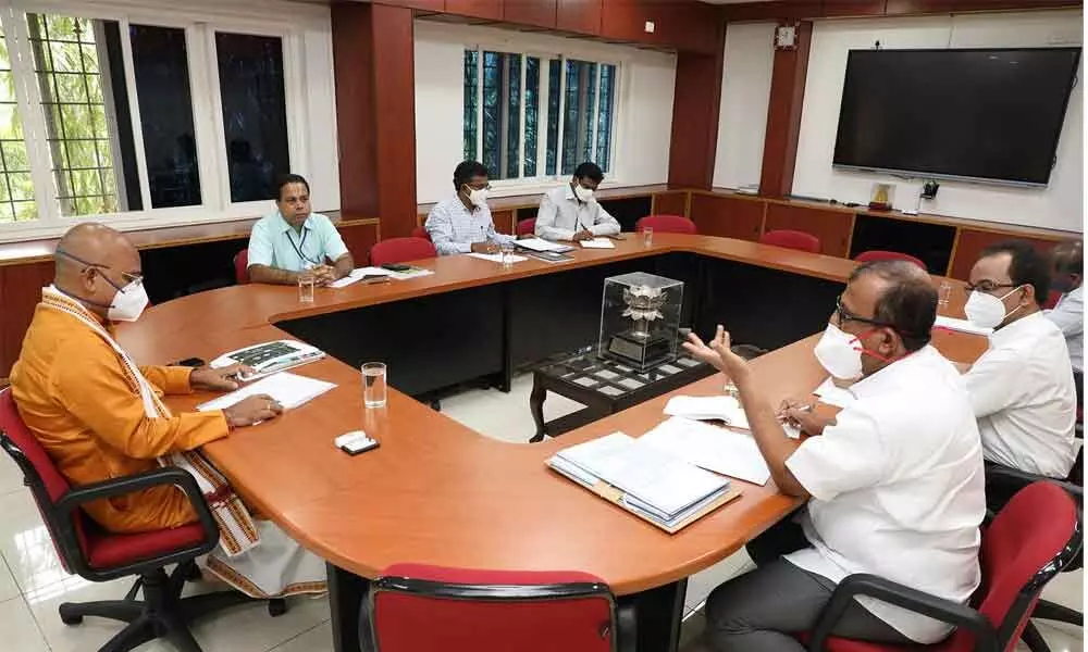 TTD EO K S Jawahar Reddy holding a meeting with officials in Tirupati on Monday