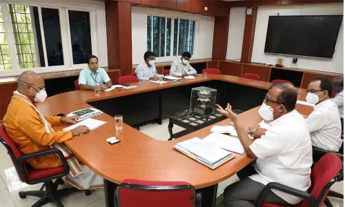 TTD EO K S Jawahar Reddy holding a meeting with officials in Tirupati on Monday
