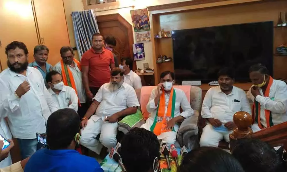 Rajya Sabha Member GVL Narasimha Rao addressing a press meet in Pidiguralla on Tuesday