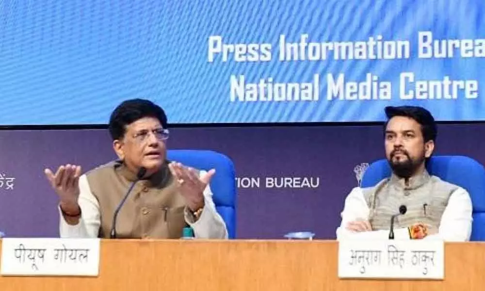 Union Ministers Piyush Goyal and Anurag Thakur address media on Cabinet decisions, at National Media Centre in New Delhi on Wednesday
